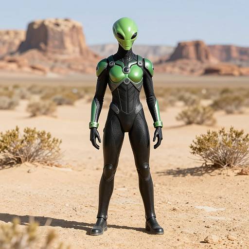 Photograph of a green and black alien in a desert landscape, standing with arms at sides, wearing a futuristic suit with chest plates and helmet, rocky