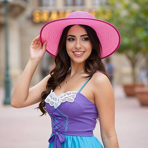 Photograph of a smiling young woman with long dark hair, wearing a pink sunhat, purple lace-trimmed dress, and blue skirt, standing