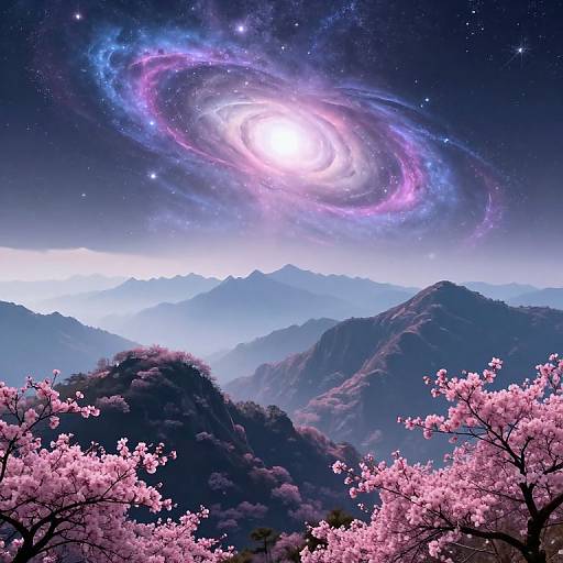 Surreal Mountain Landscape with Cosmic Blossoms