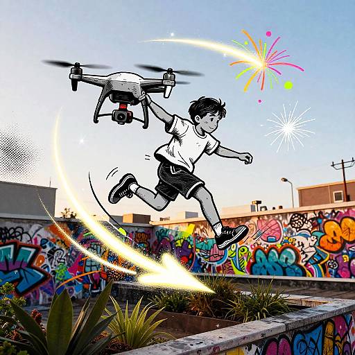 Colorful comic-style drawing of a boy in a white shirt and black shorts, mid-jump, with a drone above, fireworks in the sky,