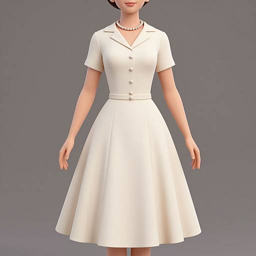 3D-rendered woman in a white, short-sleeve, button-up, flared dress with a V-neck, wearing a pearl necklace,