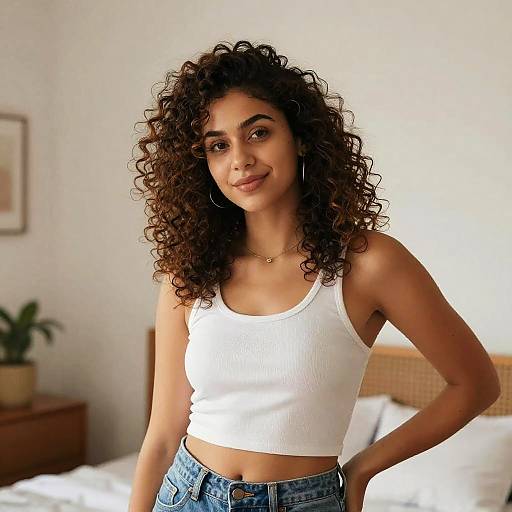 Photograph of a smiling young woman with curly dark hair, wearing a white ribbed tank top and blue jeans, standing in a bright, minimalist bedroom