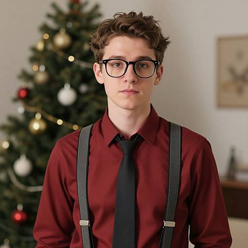 Photograph of a young, white man with short brown hair, wearing black-rimmed glasses, a maroon shirt, black tie, and gray
