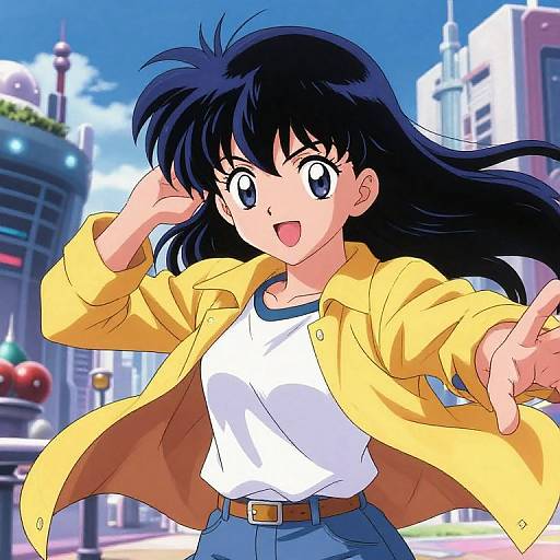 Anime-style drawing of a cheerful girl with long black hair, wearing a yellow jacket, white shirt, and blue jeans, in a vibrant cityscape with