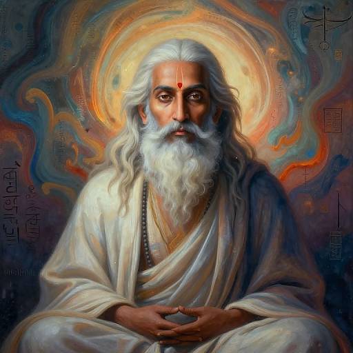 Digital painting of an elderly, white-bearded man with a red forehead dot, wearing a white robe, haloed by swirling, colorful lights.