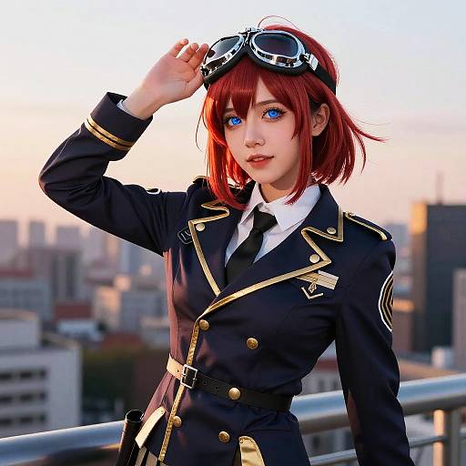 Digital anime-style drawing of a red-haired girl with blue eyes, wearing a black military-style uniform, goggles on her head, saluting against a city