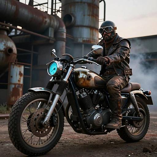 Photograph of a rugged, armored biker in goggles and leather, riding a vintage motorcycle with a glowing blue headlight, in a gritty, industrial