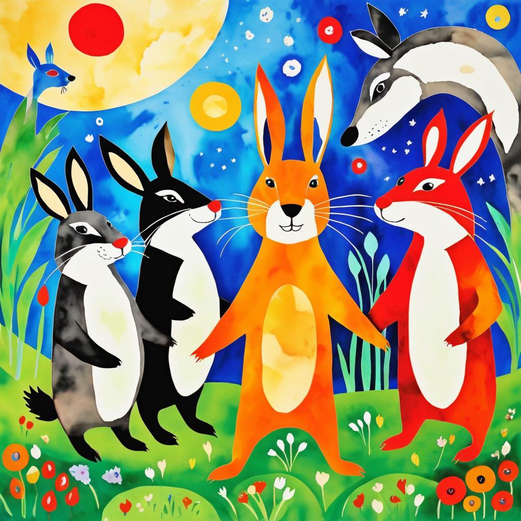 Chagall-Inspired Best Friends: Rabbit, Otter, Wolf