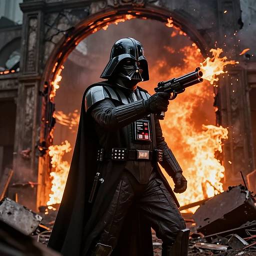 Photograph-style digital artwork of Darth Vader holding a gun, standing in front of a blazing, ruined archway. Dark, fiery contrast.