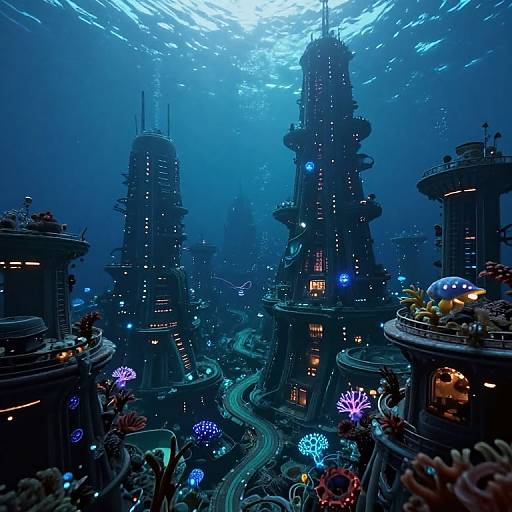 Photograph of a futuristic underwater cityscape with towering, illuminated structures, glowing coral, winding pathways, and blue-tinted ocean water.