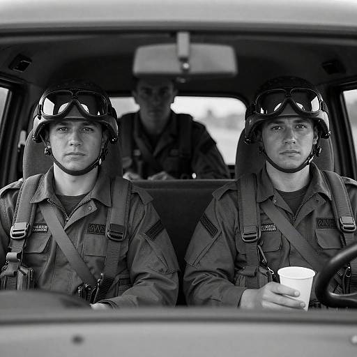 Focused Military Personnel in Vehicle