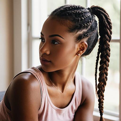 Photograph of a beautiful, dark-skinned woman with long, braided hair, wearing a pink tank top, looking over her shoulder, sunlight streaming