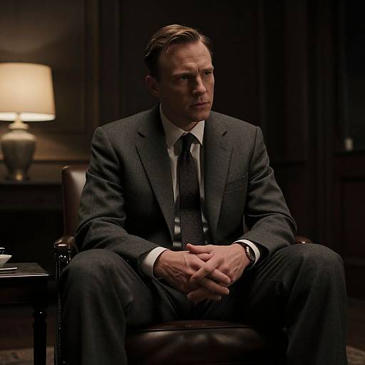Photograph of a serious, handsome white man in a dark gray pinstripe suit, sitting in a dimly lit, elegant room with a table