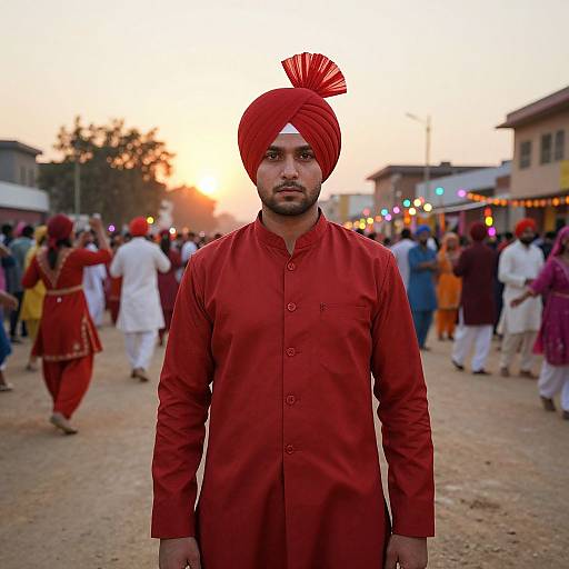 Photograph of a serious South Asian man in a red kurta and turban, standing in a festive, sunlit village street with colorful lights and