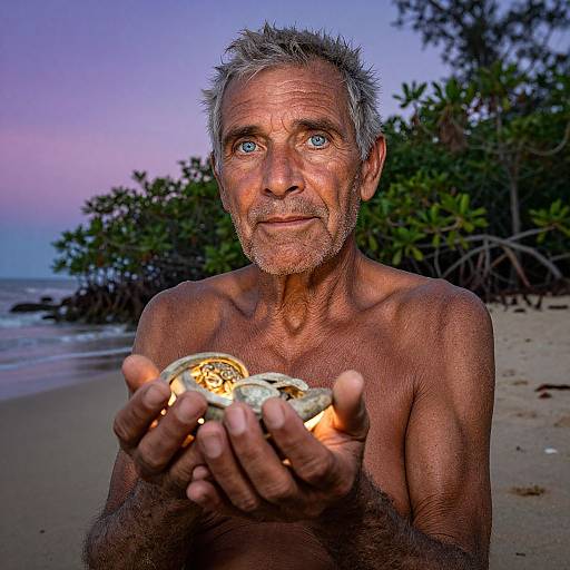 Photograph of an older, shirtless man with gray hair and blue eyes, holding glowing coins on a beach at sunset, surrounded by greenery and