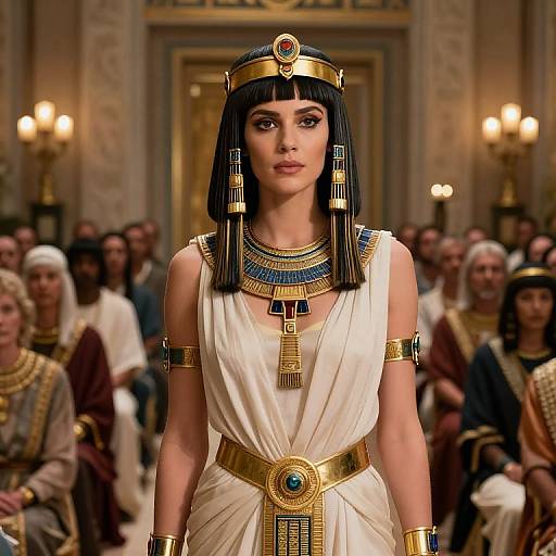 Digital artwork of a confident Egyptian woman with dark bob, gold headpiece, white dress, blue and gold jewelry, standing in a dimly lit,