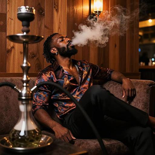 Man Relaxing in Stylish Hookah Bar
