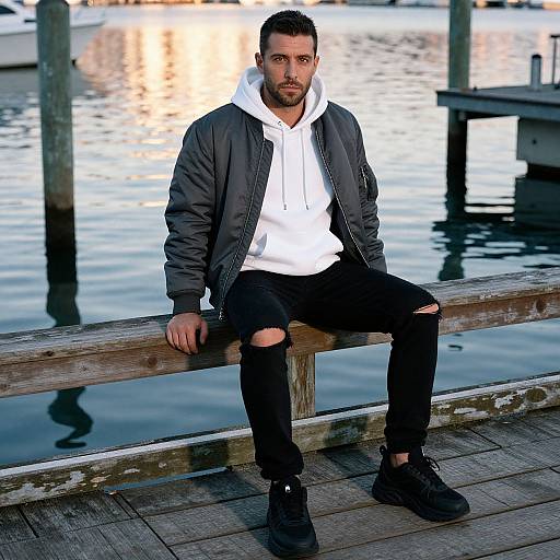 Photograph of a bearded man with short dark hair, wearing a black jacket, white hoodie, black ripped jeans, and black shoes, sitting on