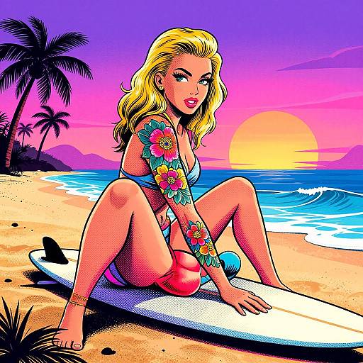 Colorful comic-style drawing of a blonde woman in a floral bikini, sitting on a surfboard at a tropical beach sunset.
