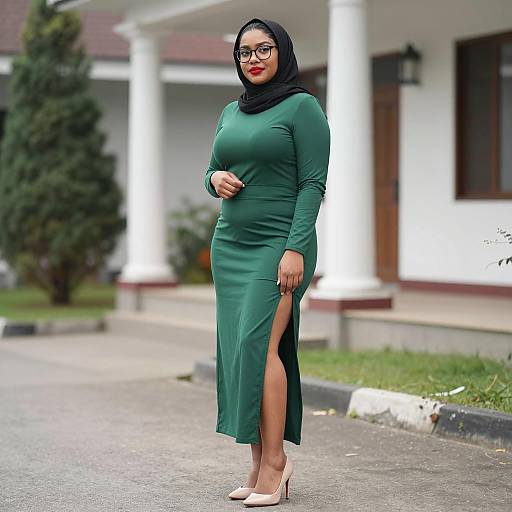 Elegant Woman in Green Dress Outdoors