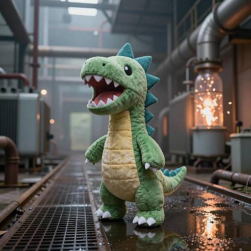 Hand-Stitched Stegosaurus in Neon Ruins