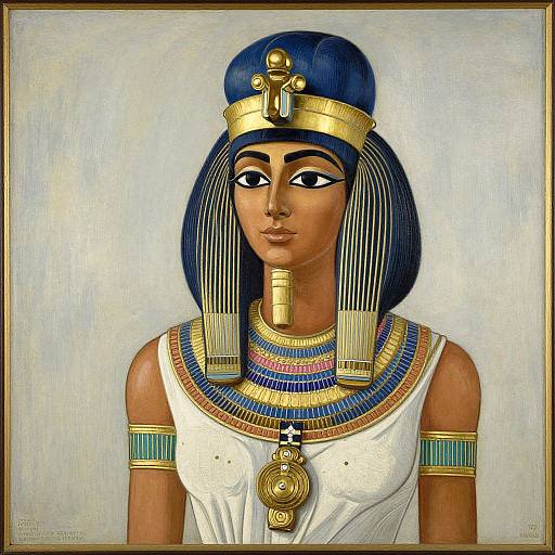 Digital painting of an ancient Egyptian woman with dark blue bob haircut, golden headdress, striped necklace, white dress, and gold pendant.