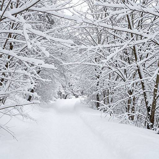 Photograph of a snow-covered forest path, with bare trees laden with thick white snow, creating a symmetrical, tunnel-like effect.