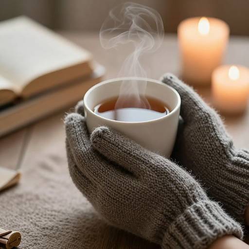 Photograph of grey knitted gloves holding a steaming white cup of tea, with blurred open book and two lit candles in background. Warm, cozy