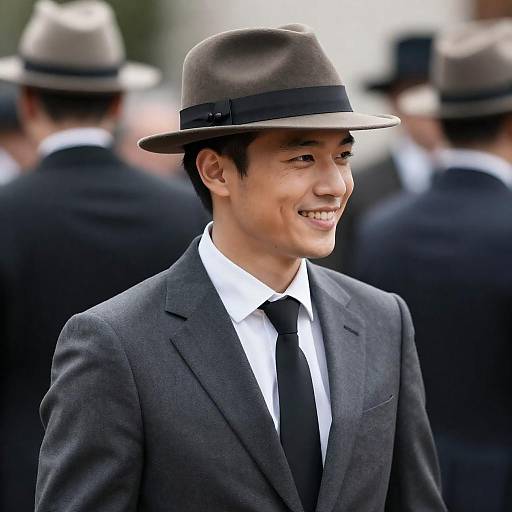 Smiling Man in Gray Suit and Fedora