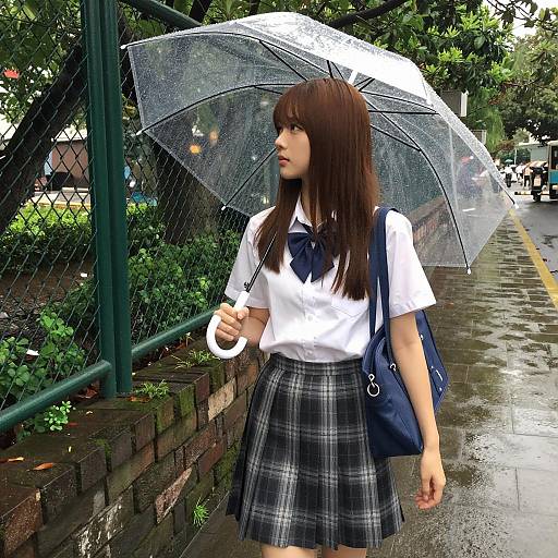 Fashionable Asian Woman on Rainy Sidewalk