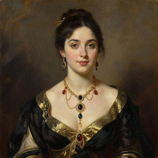 Portrait of a young woman with dark hair, fair skin, wearing an elaborate black and gold gown with red and green jewelry. Classic oil painting style.