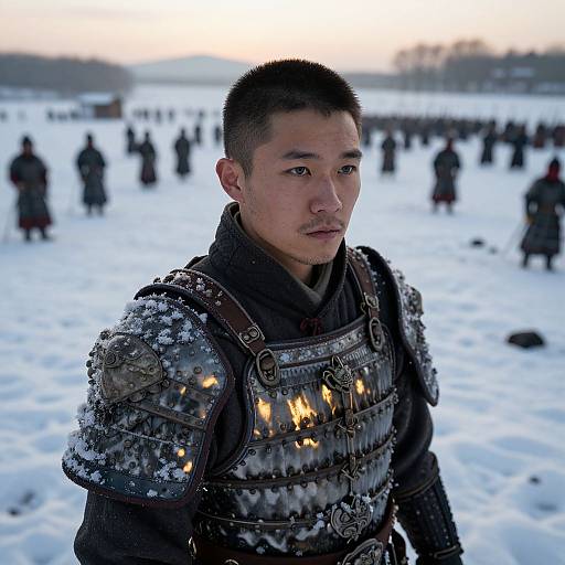 Photograph of a serious East Asian man in ornate, snow-covered, flame-embellished armor, standing in a snowy battlefield with blurred,