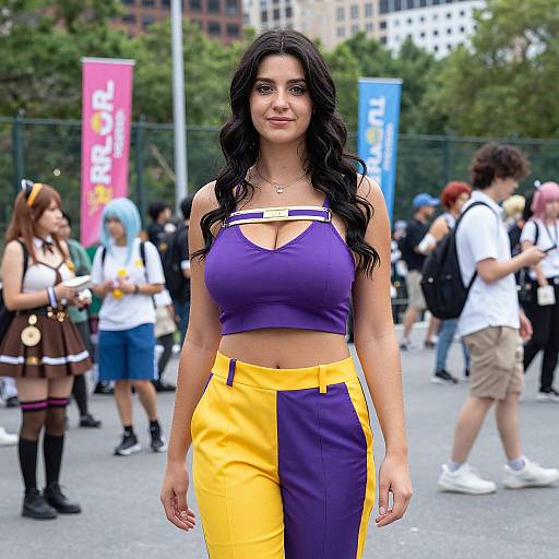 Photograph of a confident woman with long black hair, wearing a purple sports bra and yellow-purple pants, standing in a busy outdoor event with diverse attendees