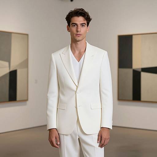 Photograph of a young man with short, dark curly hair, wearing a white suit and standing in a modern art gallery with abstract paintings on white walls