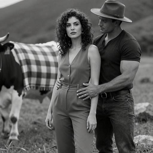 Black-and-White Couple with Cow