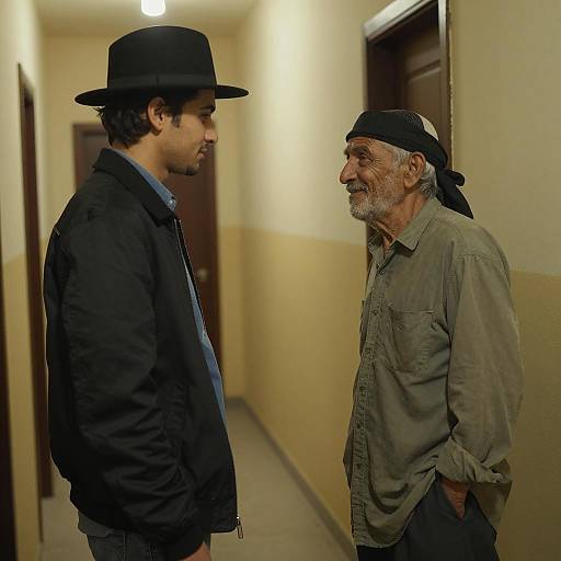 Two Men Conversing in Dim Hallway