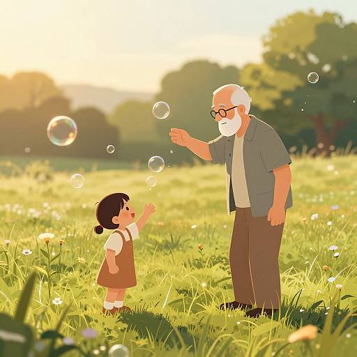 Digital illustration of an elderly man with glasses and white hair, and a young girl, playing with bubbles in a sunny meadow.