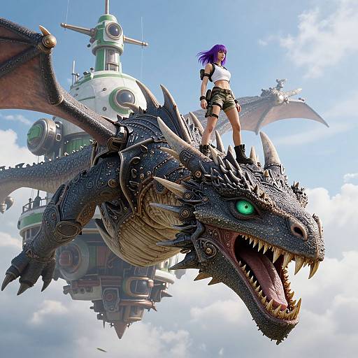 Digital artwork: Purple-haired woman in black crop top and shorts rides fierce, spiked black dragon with glowing green eyes, above steampunk airship.