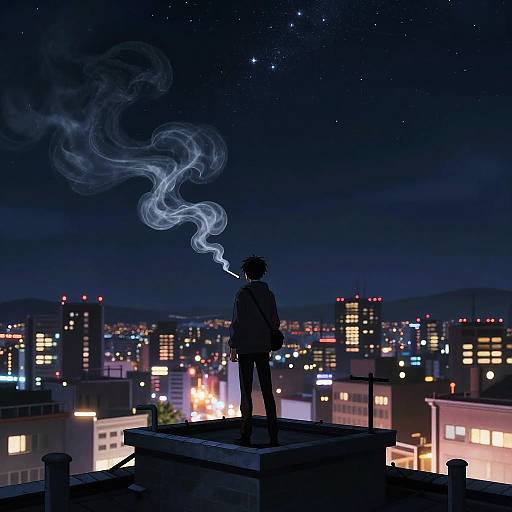 Anime Rooftop Smoke at Night