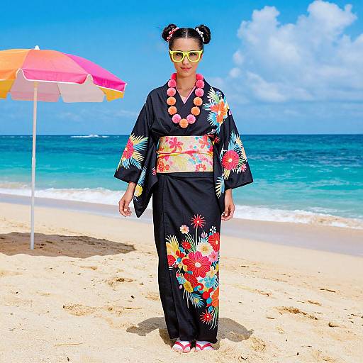 Photograph of a woman in a black floral kimono with pink beads, yellow sunglasses, and double buns, standing on a sunny beach with a