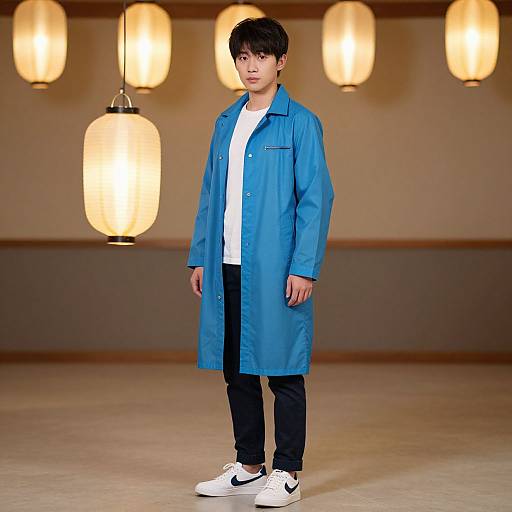 Photograph of an Asian male model with short black hair, wearing a blue long coat, white t-shirt, black pants, and white Nike sneakers,