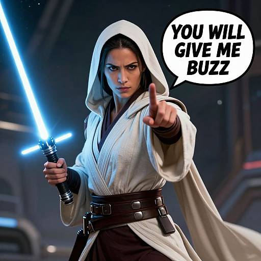Digital artwork of a determined woman in white Jedi robe, holding glowing blue lightsaber, pointing forward, with speech bubble: 