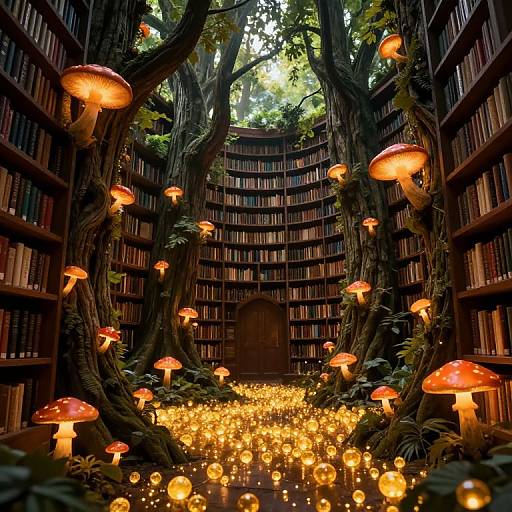Photograph of a magical library with glowing mushrooms, floating fireflies, and enchanted trees, creating an ethereal, fairy-tale-like atmosphere.