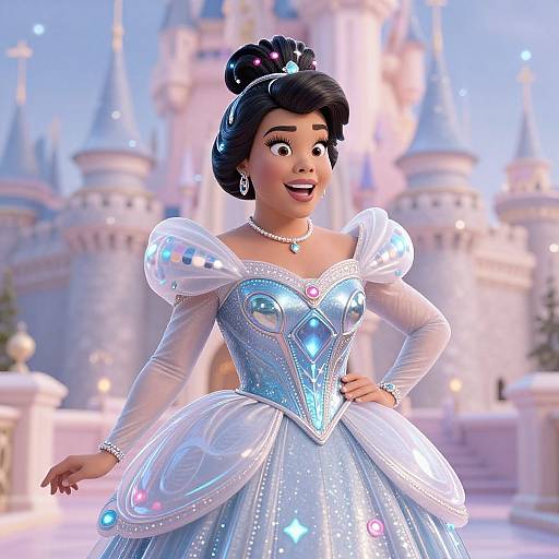 Digital illustration of a smiling, dark-skinned woman in a sparkling blue and silver fairy tale dress, standing in front of a whimsical castle.