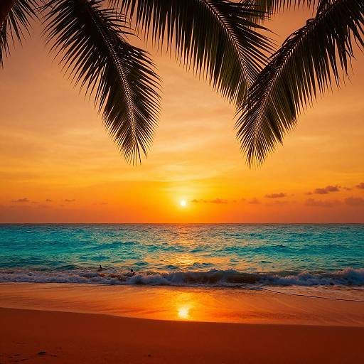 Photograph of a vibrant beach sunset with orange sky, blue ocean, and palm fronds framing the scene, reflecting sun on wet sand.