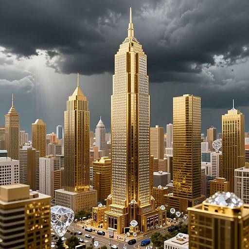 Photorealistic digital artwork of a golden skyscraper-dominated cityscape at sunset, under dramatic, cloud-filled skies with sunlight breaking through.