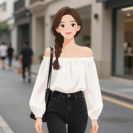 Digital anime-style photograph of a smiling young woman with long brown hair in a braid, wearing an off-shoulder white blouse and black high-w
