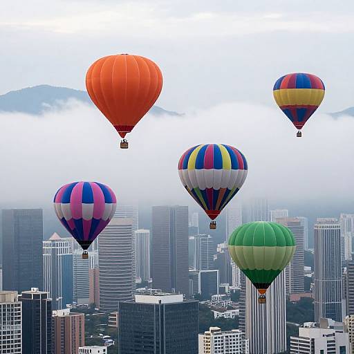 Photograph of five colorful hot air balloons—red, striped, green—floating above a foggy urban skyline with tall skyscrapers.