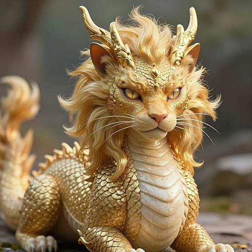 Regal Feline-Dragon with Golden Mane