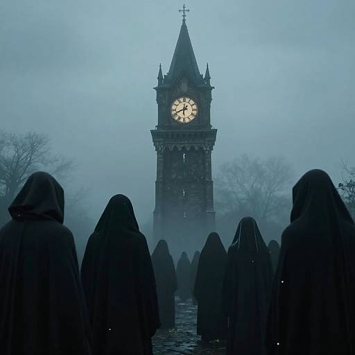 Photograph: Silhouetted, hooded figures in dark robes face a foggy, illuminated clock tower with a Gothic design, surrounded by mist